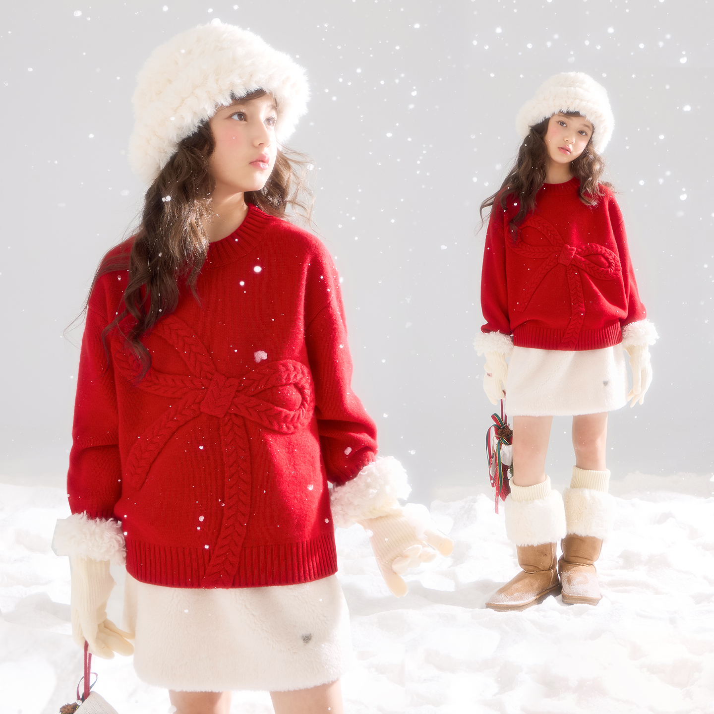 MUCMUKN  美丽诺羊毛蝴蝶结红色毛衣过年25冬新款M54XE5201