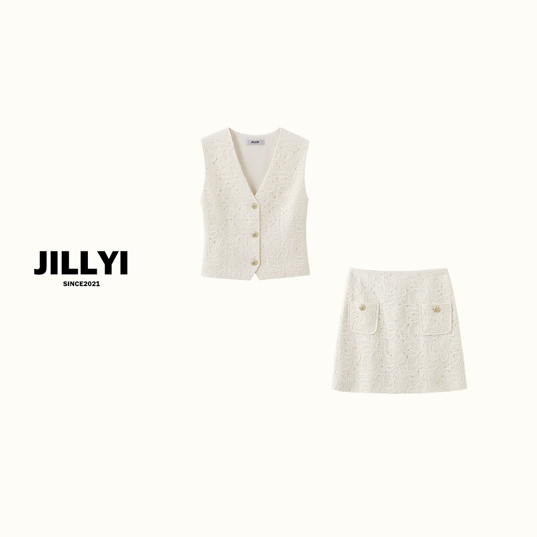 JILLYI【白日冰果】白色V领流苏工艺马甲+白色流苏半裙套装