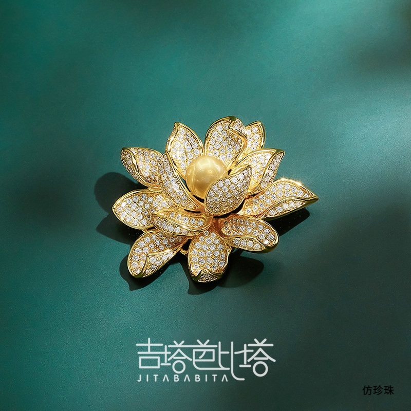 铜合金仿珍珠胸针 盛世金莲时尚百搭胸针6229