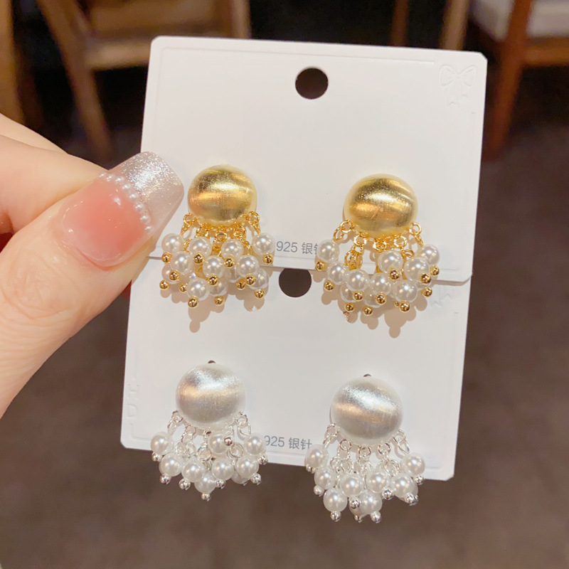 铜合金铜耳饰 复古法式百搭气质时尚设计感女款金属拉丝珍珠流苏