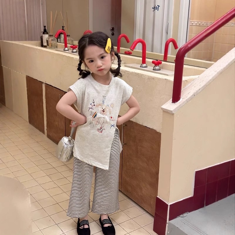 【亲子款】2025年夏款开叉可爱小狗印花短袖T恤条纹阔腿裤亲子套装