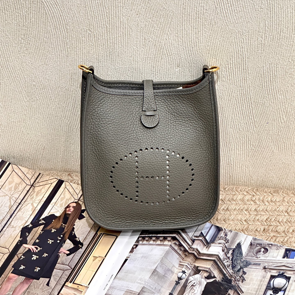 99新 Hermes/爱马仕 积雨云灰金扣evelyne mini  U刻