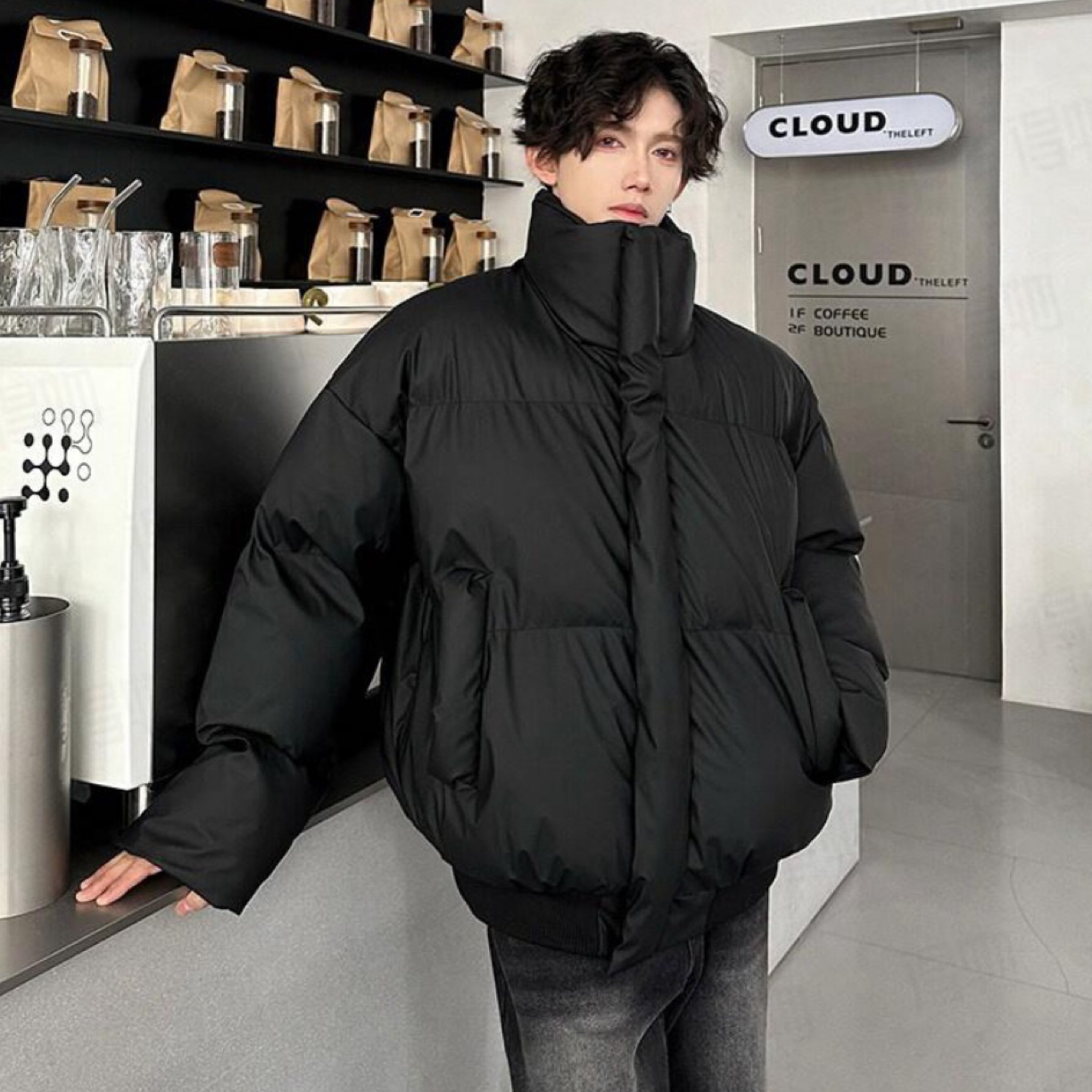 落肩百搭宽松防风防水保暖立领纯色棉服男女同款