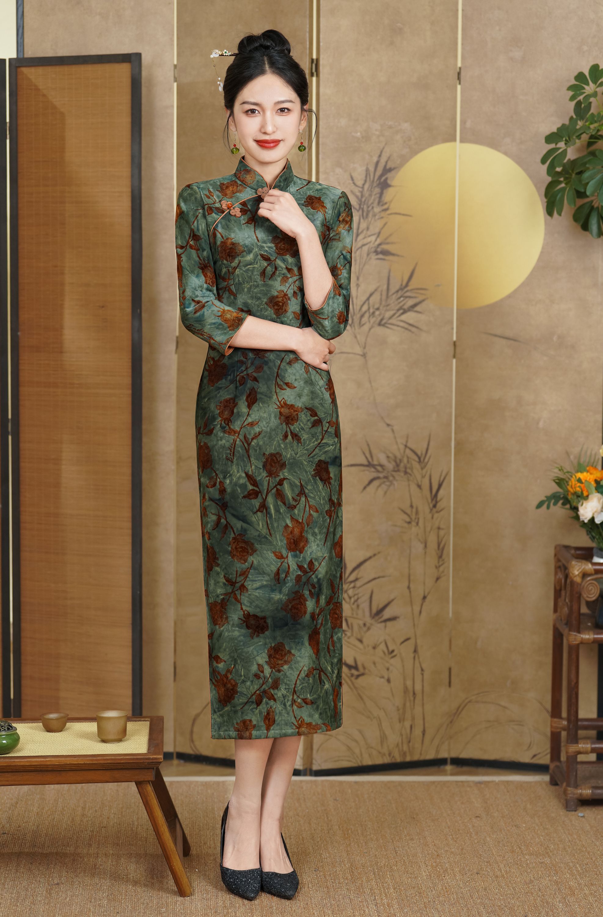 旗袍 长款 秋冬加绒款（衣长约120cm）玫瑰的故事 C688 （绿）