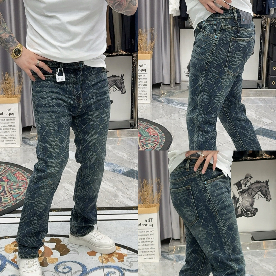 SH轻奢时尚高定男士雅痞线条格子中高腰小直筒牛仔裤 85216