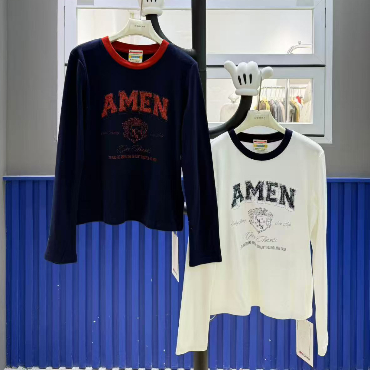 欧洲站5882#BOHAN秀秀家2025冬季新品白蓝贝蒂磨毛打底T恤