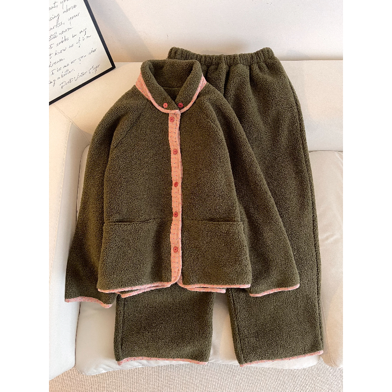 韩系甜美少女碎花包边摇粒绒睡衣女秋冬新款保暖家居服套装可外穿