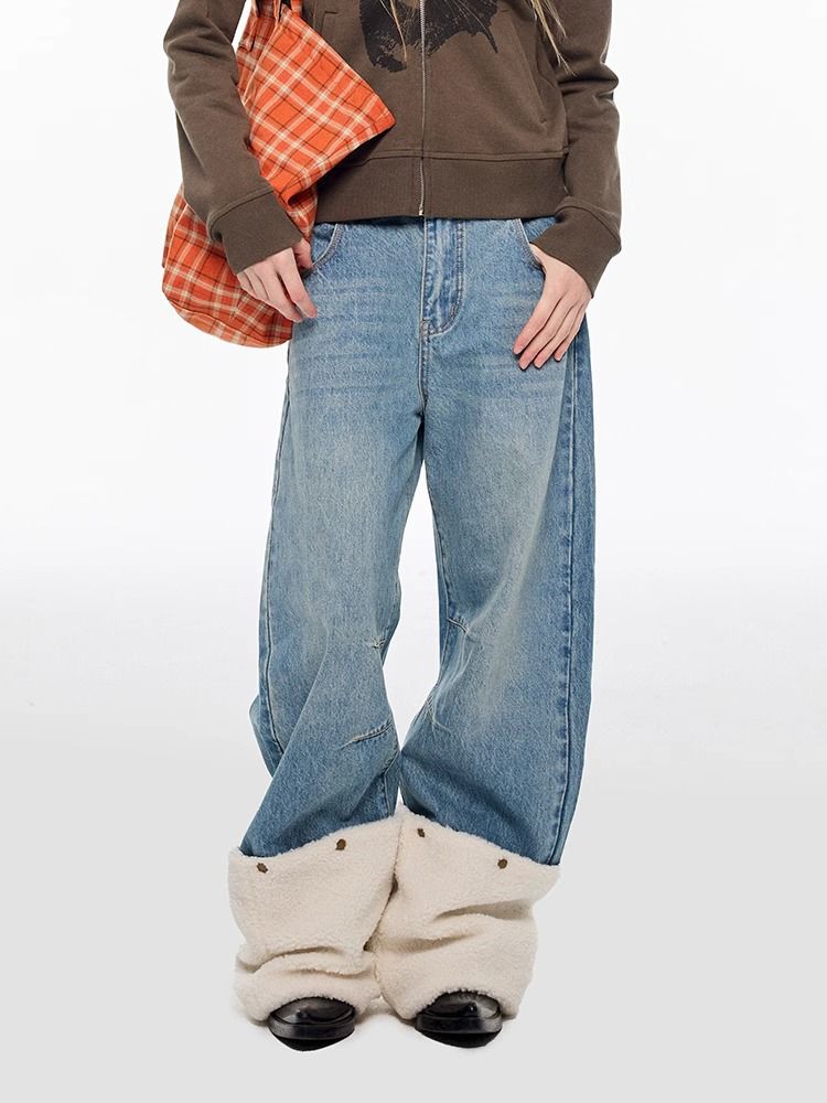 美式复古慵懒松弛感牛仔裤子女2025夏辣妹可拆卸腿套直筒拖地长裤