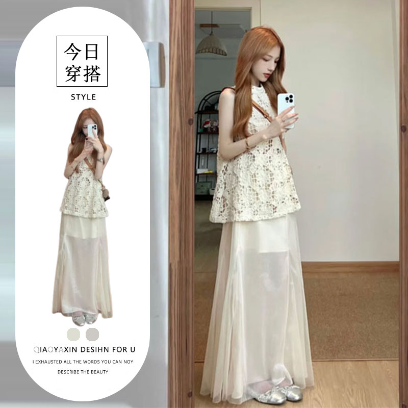2025夏季新款韩系穿搭时尚绣花镂空背心上衣女高腰半身裙两件套潮
