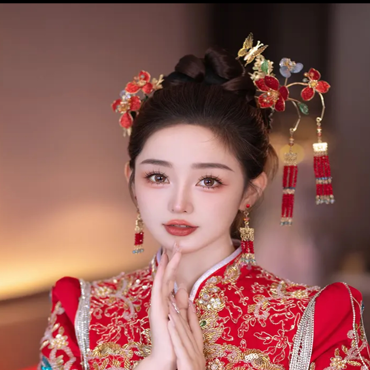 新娘新款手工新中式古风嫣红色流苏发簪古典秀禾服旗袍头饰品