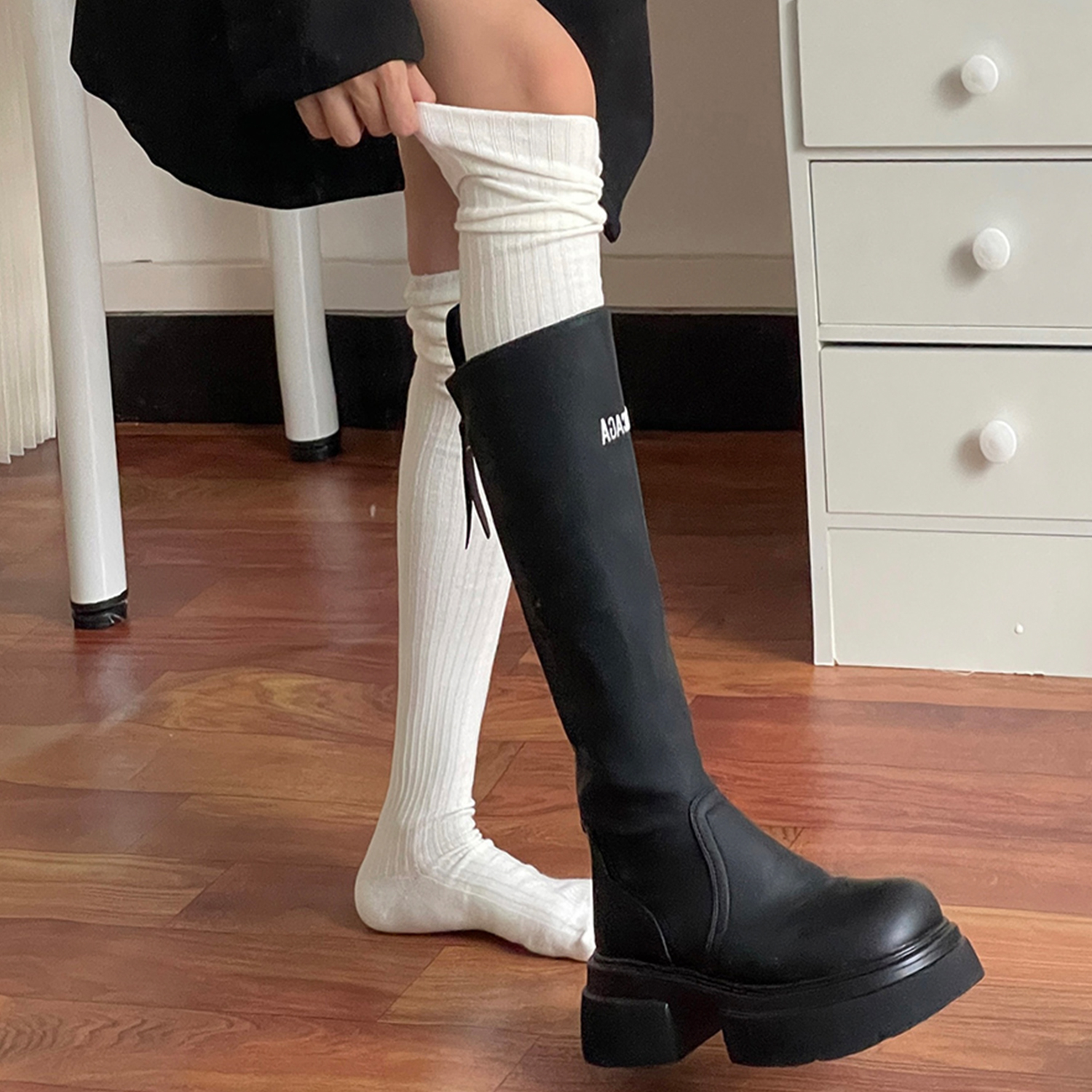 长靴过膝袜子女春秋jk白色堆堆袜小腿袜配靴子长筒袜非纯棉女秋冬