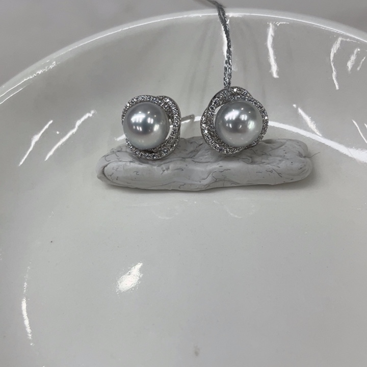 海水珍珠银S925镶嵌耳饰8-9