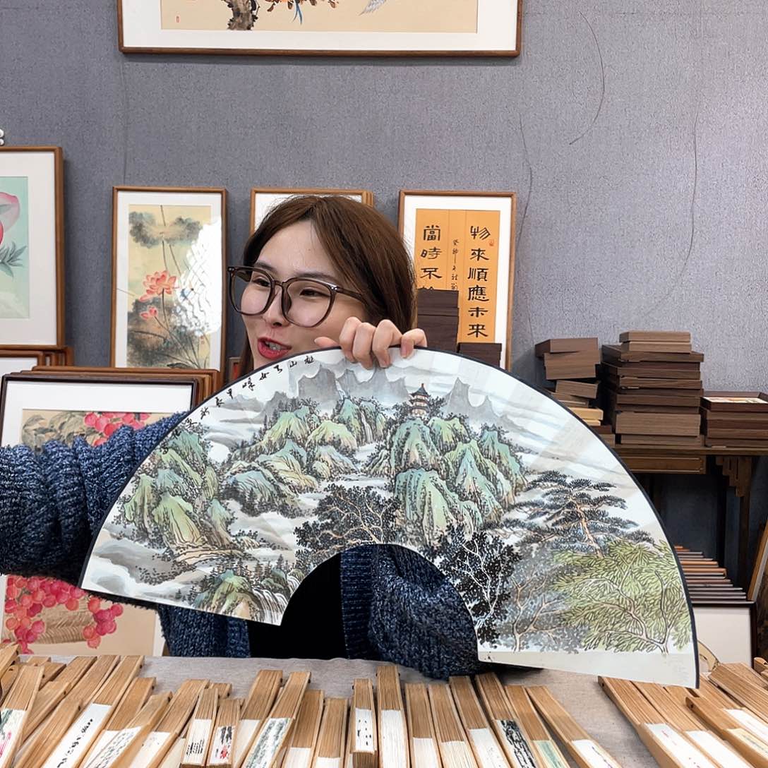 国画10寸玉竹-纯手绘-文玩扇骨（默认粘好）