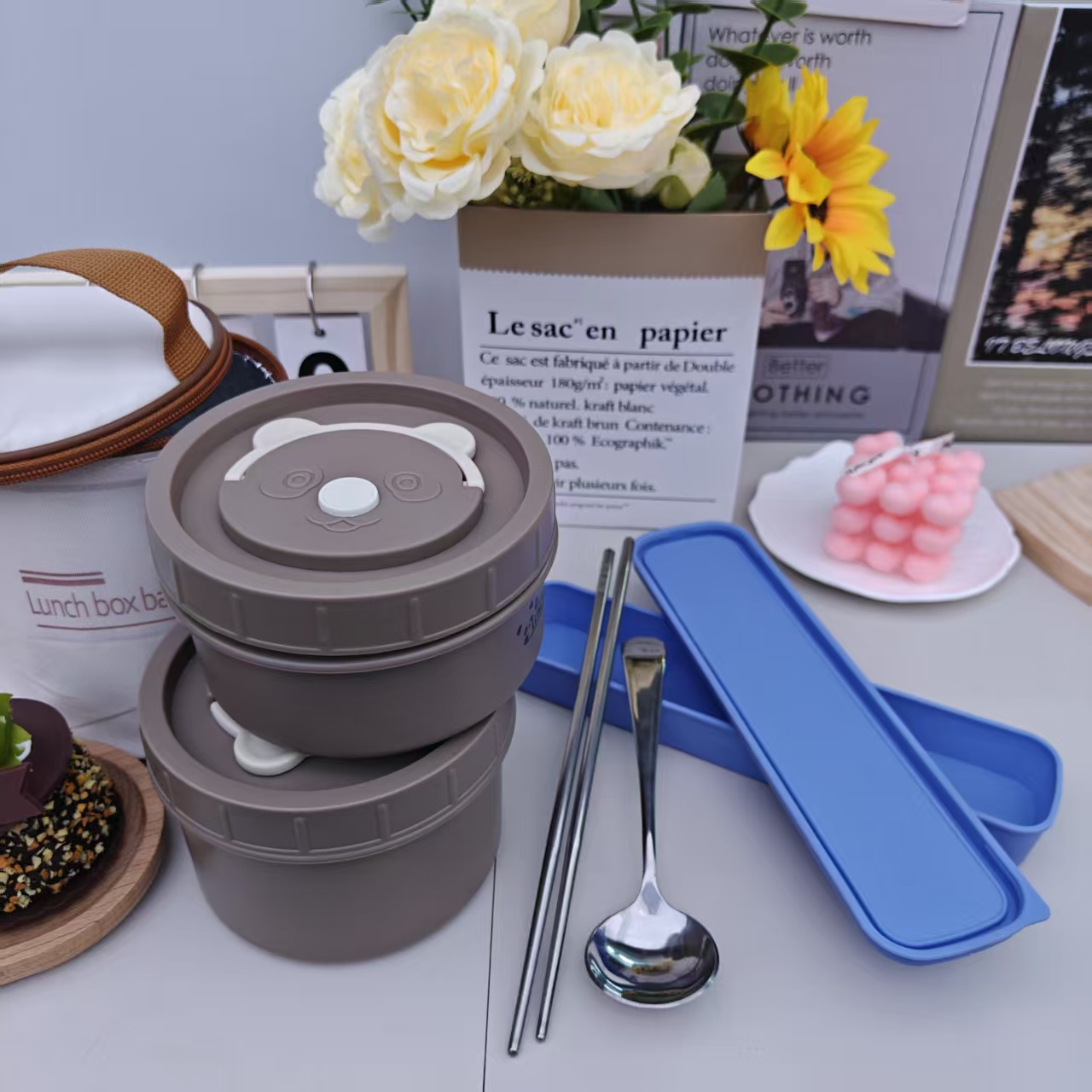 【带保温袋】可爱熊不锈钢保鲜盒一大一小配随机餐具一套【汤家限定】