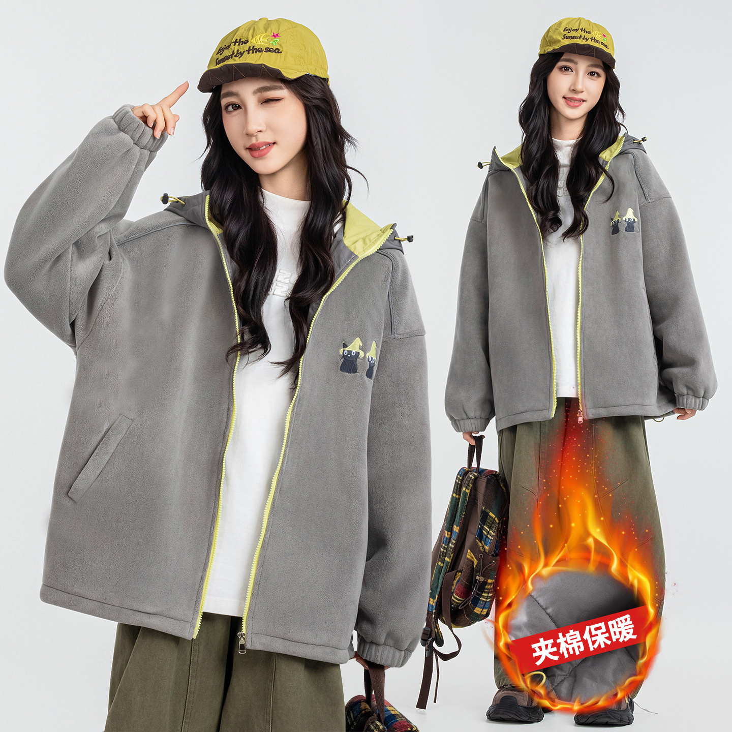 胖女童夹棉摇粒绒外套秋冬装中大童加肥加大宽松毛毛衣保暖初中生