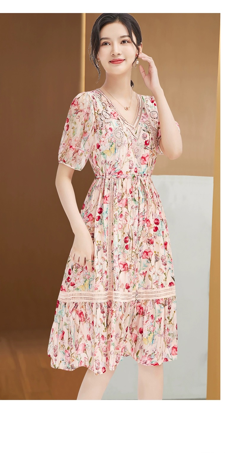 特价25新款夏季v领气质轻奢短袖桑蚕丝碎花连衣裙202294B