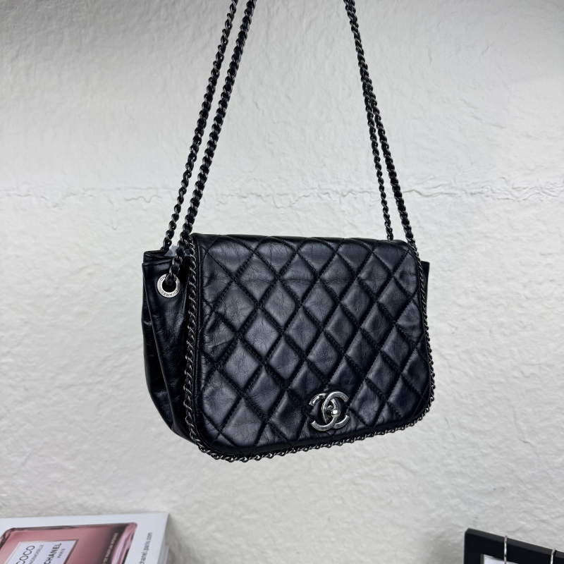 95新 Chanel/香奈儿 滚边黑银油蜡元宝单肩斜挎包 底长25 21开