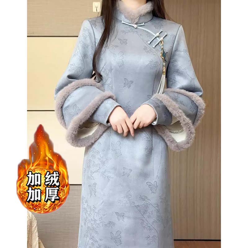 【加绒加厚】2025年冬季新款改良旗袍保暖新中式连衣裙JT0212