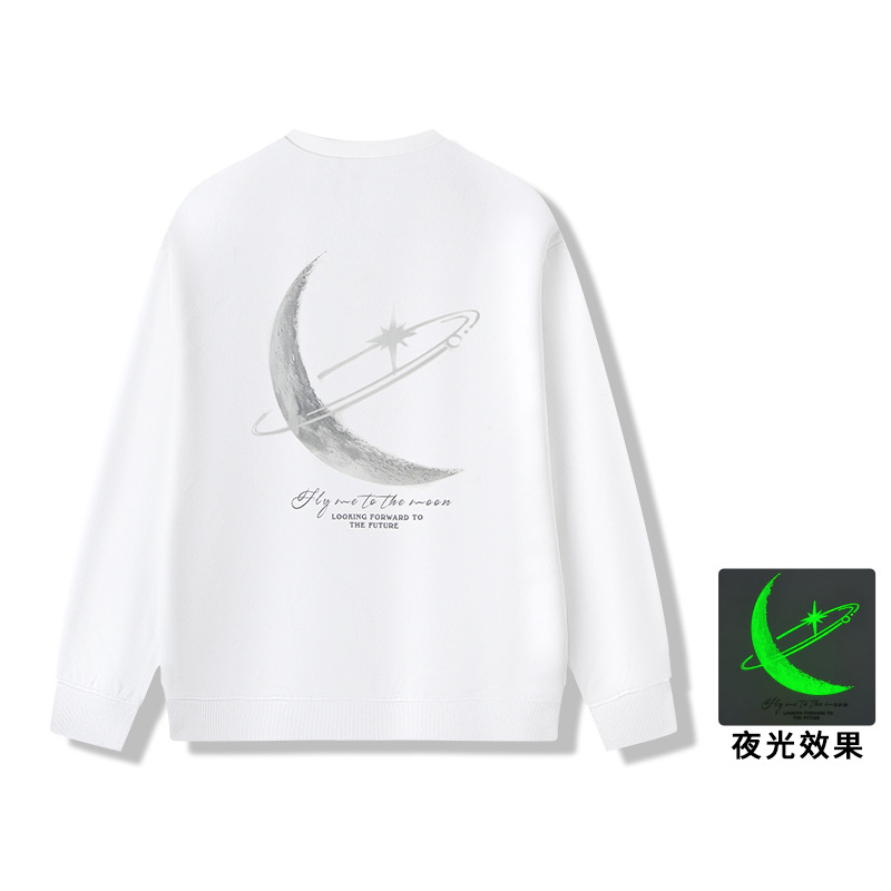 035中国风短袖t恤夜光月亮之星印花潮牌宽松圆领大码体恤衫 