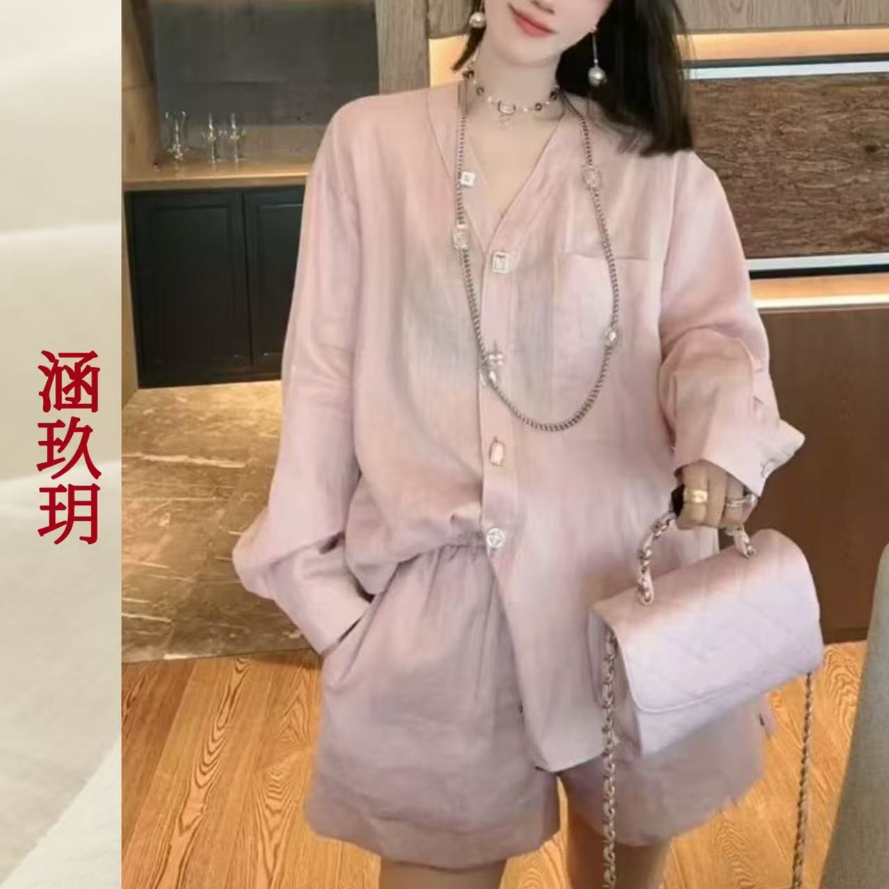 涵玖玥▪100%黄金纱雨露麻【松雾细语】气质套装上衣+短裤阳-S0035