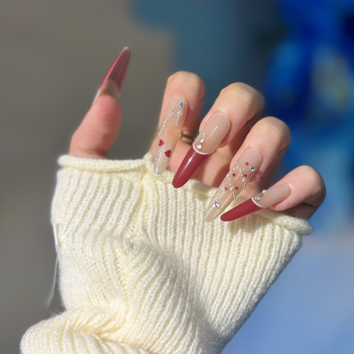 红色法式链条钻纯手工穿戴甲富家千金气质显白高级长款美甲穿戴甲