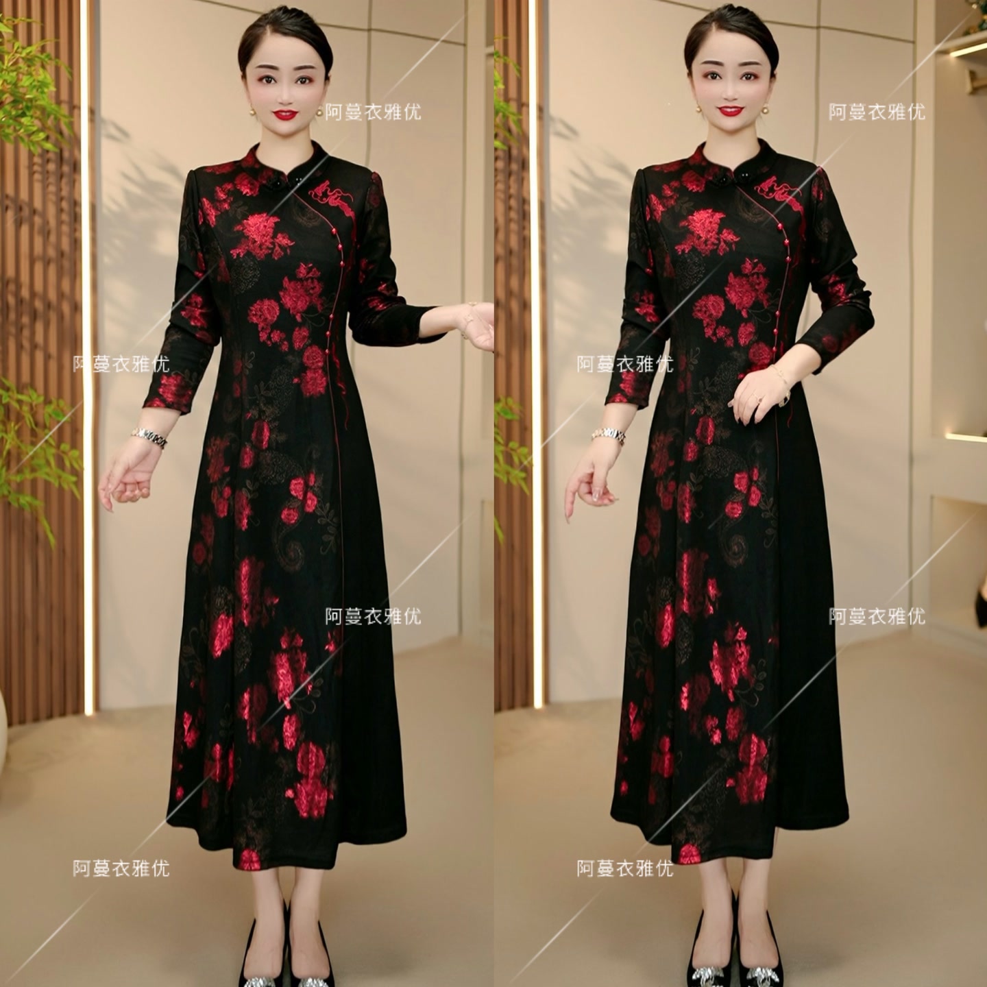 【衣雅严选】8088-2240#新款秋冬罗马锦棉重工刺绣烫金旗袍连衣裙