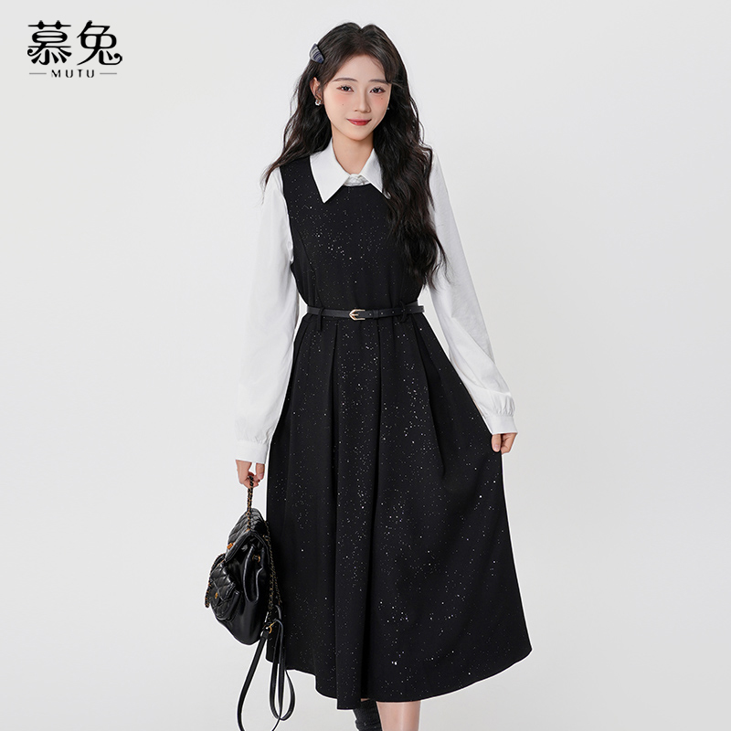 慕兔学院风连衣裙两件套装女2025新款春季长袖衬衫叠穿收腰背心裙