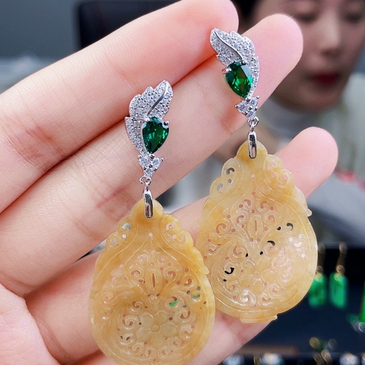 翡翠耳饰银S925镶嵌饰品