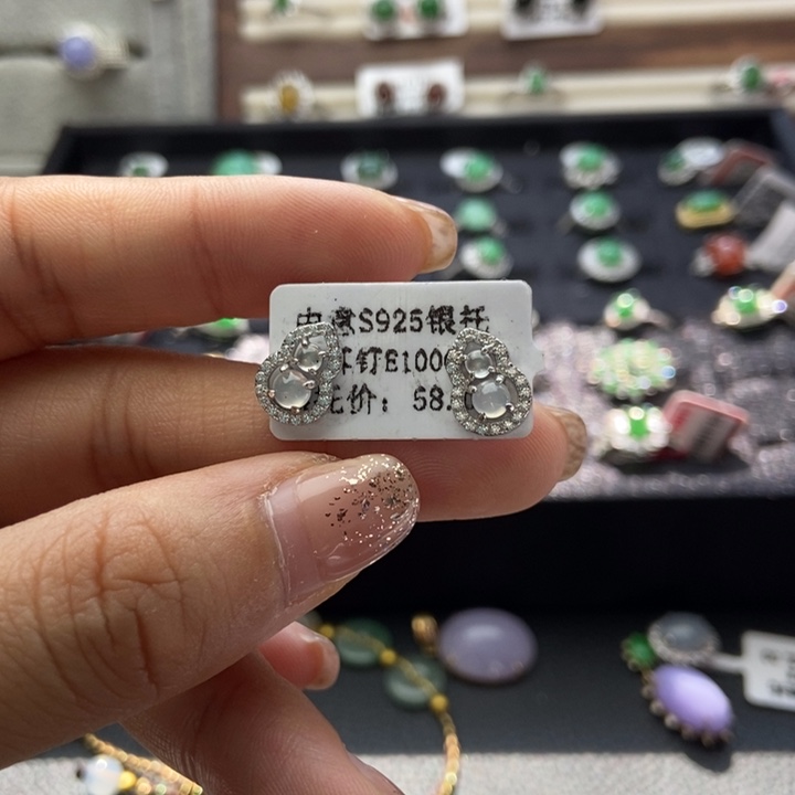 翡翠耳饰银S925镶嵌耳钉