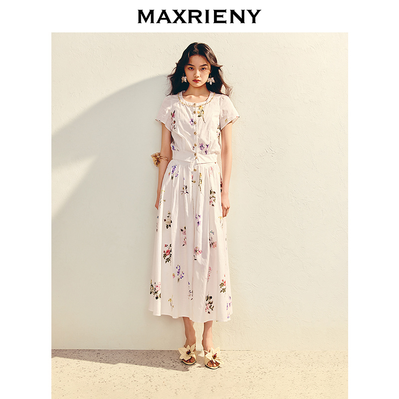 MAXRIENY法式田园印花衬衫上衣半裙长裙套装女25夏款度假两件套