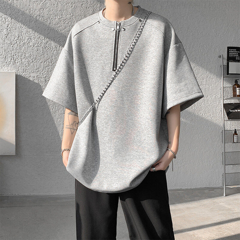 280克重磅亨利领半拉链短袖男夏季新款美式上衣宽松T恤（棉52.8%）