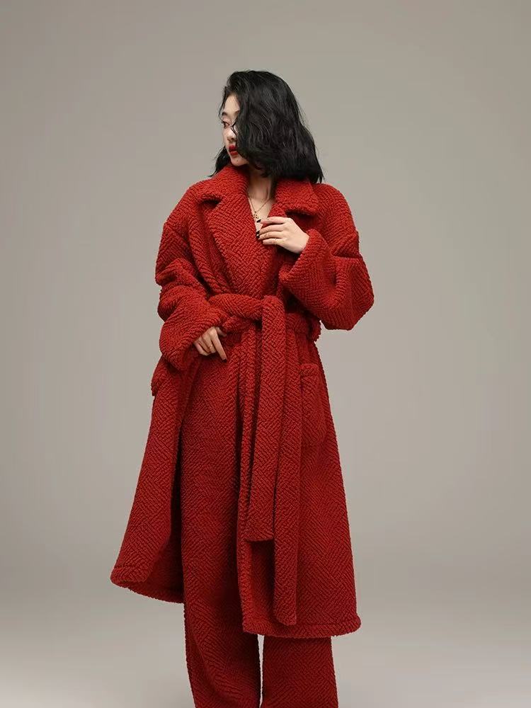 保暖中长款秋冬纯色长袖睡袍套装加厚大衣冬季菠萝格厚款