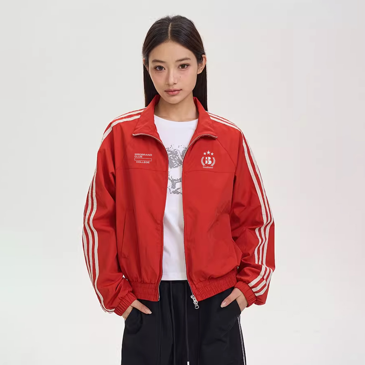 小恶魔双C红色美式复古短款冲锋外套夹克男女秋季情侣宽松上衣
