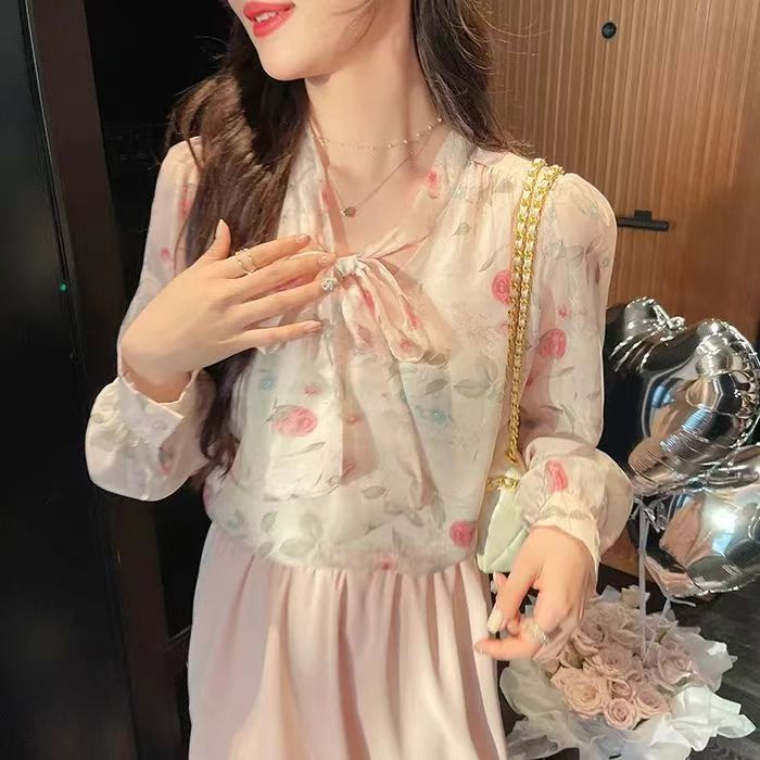 阳光下的玫瑰姬春夏季朦胧柔光雪纺衬衫系带蝴蝶结上衣爆款小衫