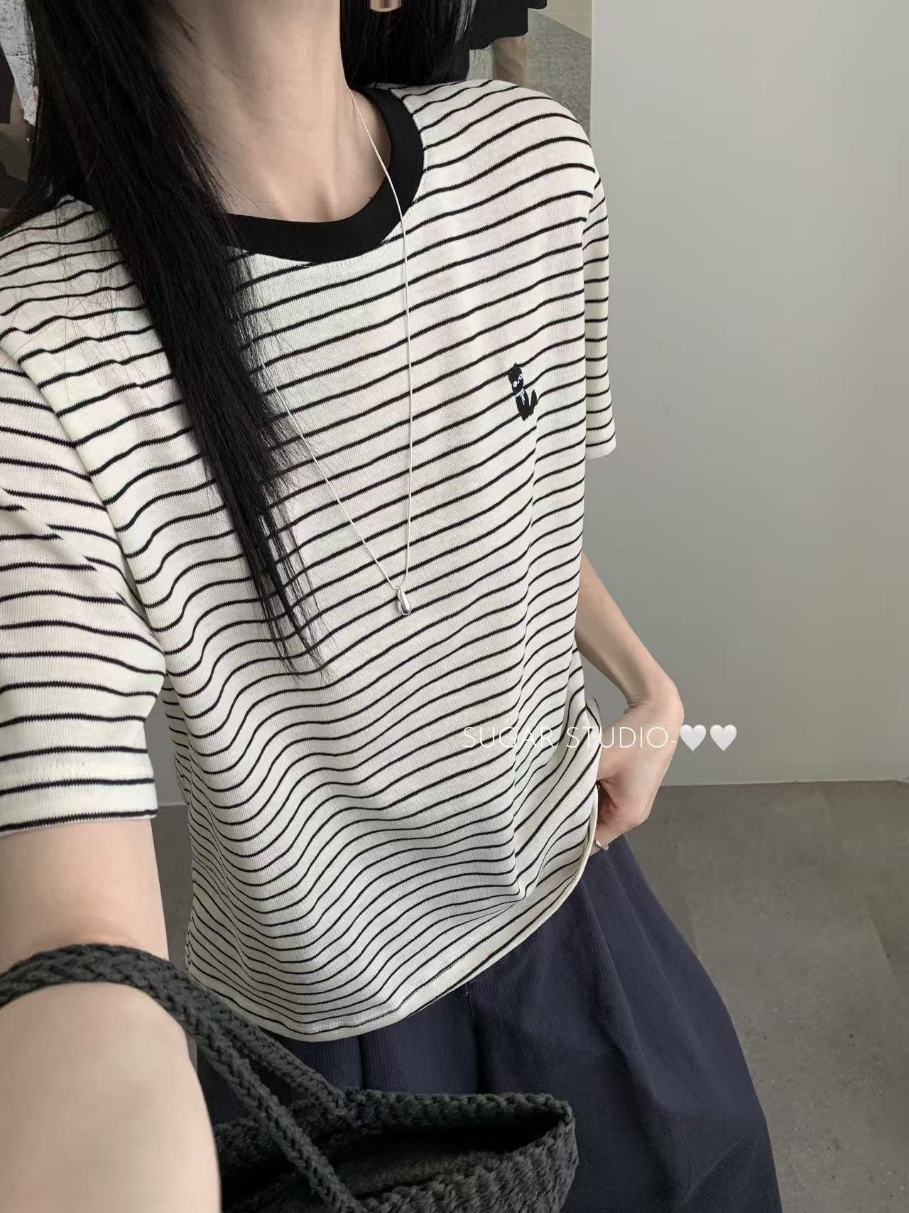 172511 条纹刺绣小猫短袖T