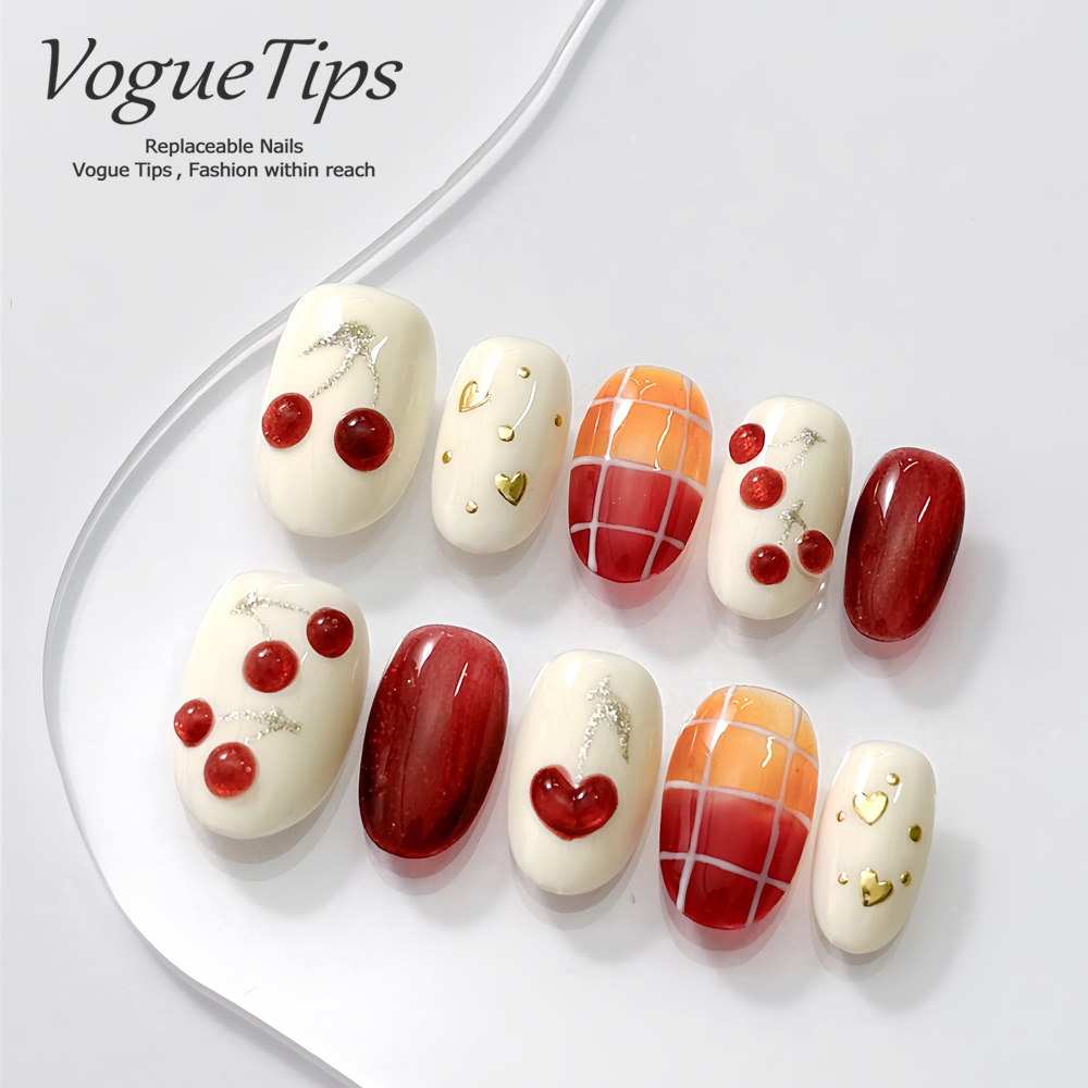 VogueTips甜厘子显白纯手工穿戴甲2025新款适合夏天的美甲ZB267
