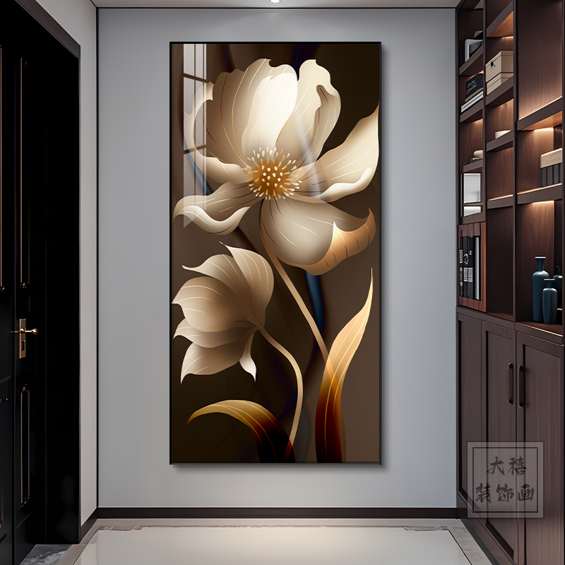 牡丹花玄关装饰画轻奢高级感走廊过道竖版壁画客厅入户正对门挂画