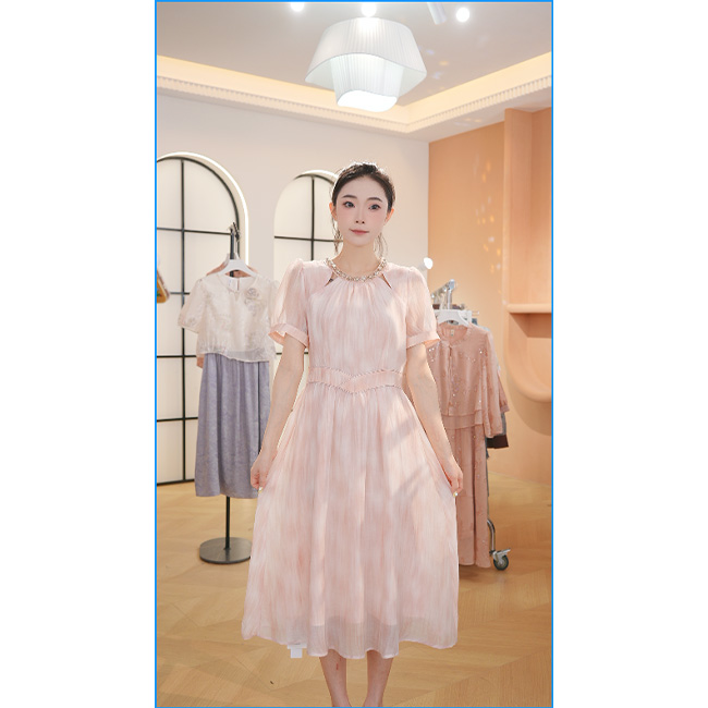 L8698 2025年春夏新款时尚气质晕染温柔显瘦中长款连衣裙