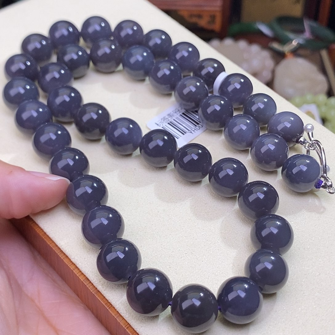 和田玉未镶嵌浓烟紫项链脂膏级项链约12MM天花板