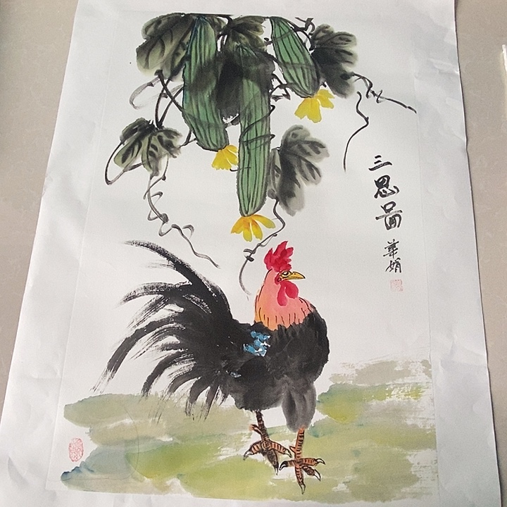 国画四尺三开手绘花鸟