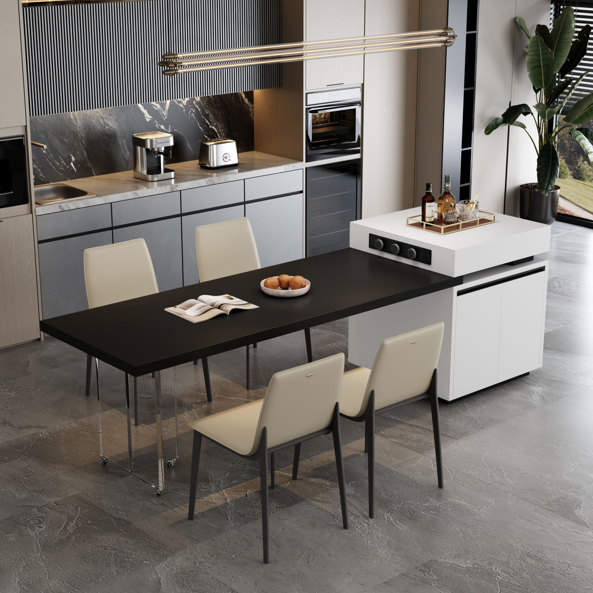 现代极简风亚克力桌腿全岩板岛台餐桌大尺寸家用客餐厅多功能餐桌