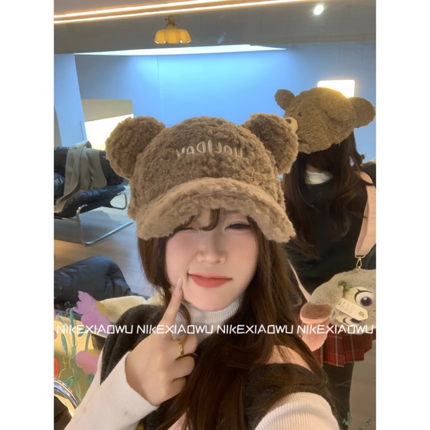 妮可家-棕色布朗熊两戴鸭舌帽子女秋冬加厚保暖棒球帽潮显脸小