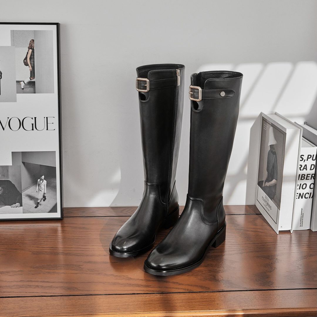 东东秋季新款欧货时尚百搭圆头低跟侧拉链显瘦高筒骑士靴女G197