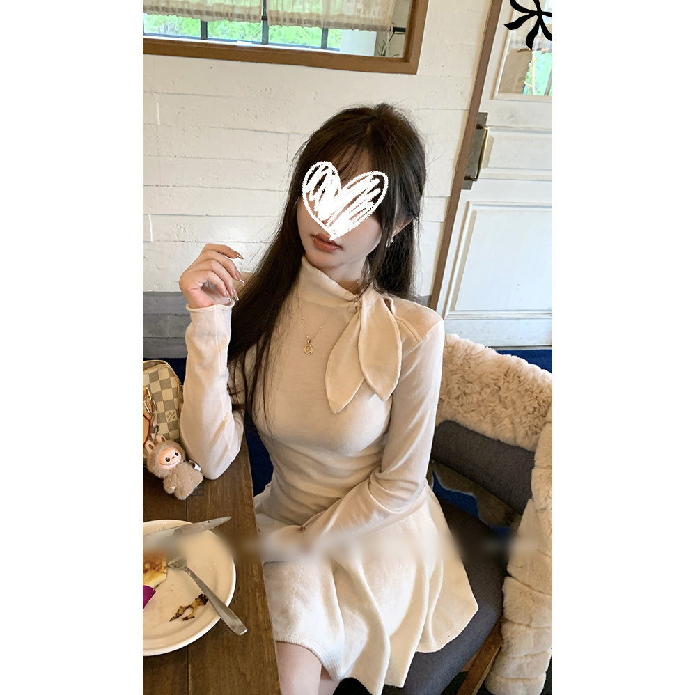 兔耳朵系带圆领针织打底衫新款长袖T恤气质少女上衣秋冬百搭01287