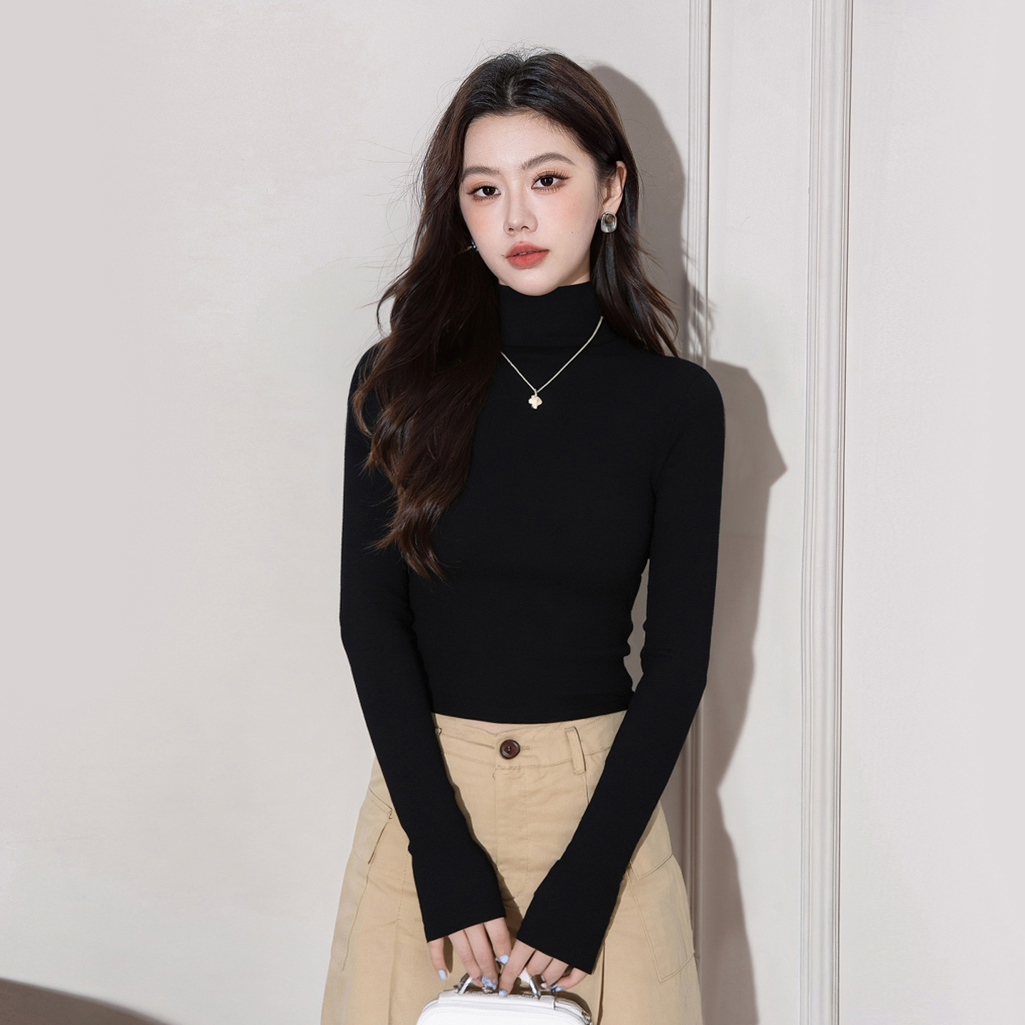 高领齐腰长袖打底衫女秋冬内搭2025新款修身显瘦盖肚脐款上衣嘻