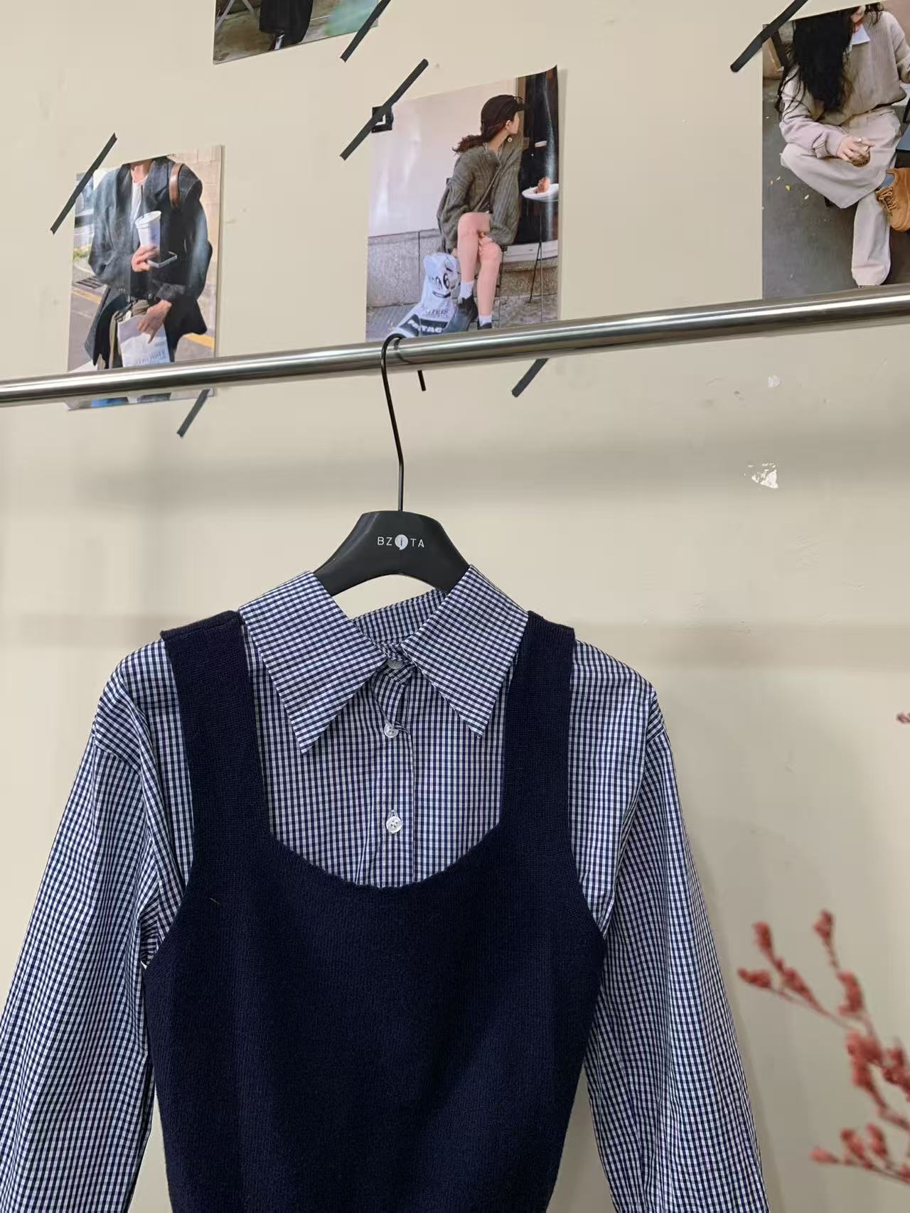 『雨美 Show』17033蓝色格子衬衣两件套