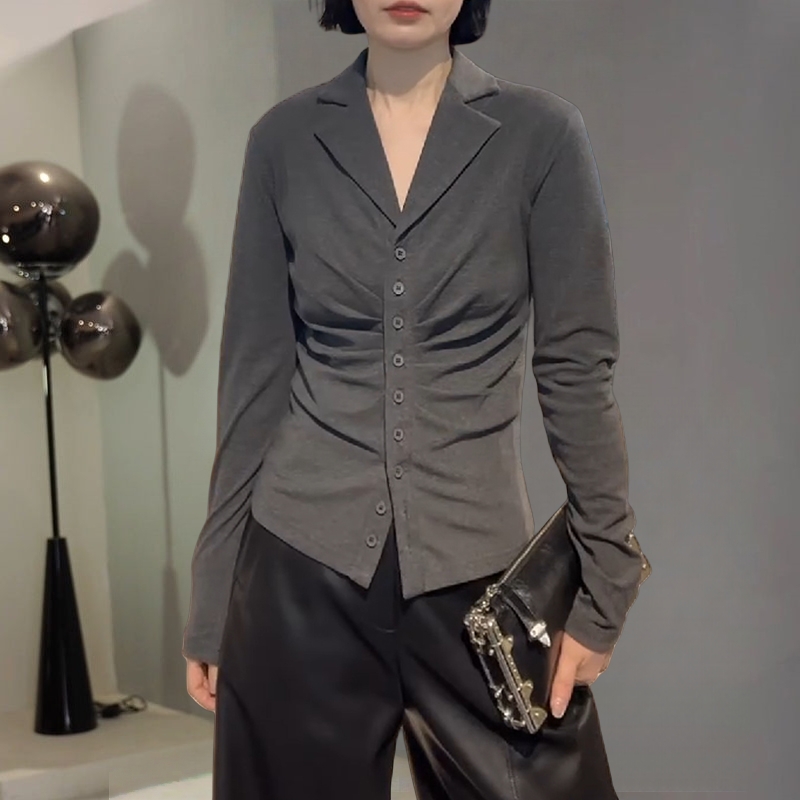 韩系设计感收腰褶皱polo打底衫女早秋时髦洋气显瘦百搭单排扣上衣