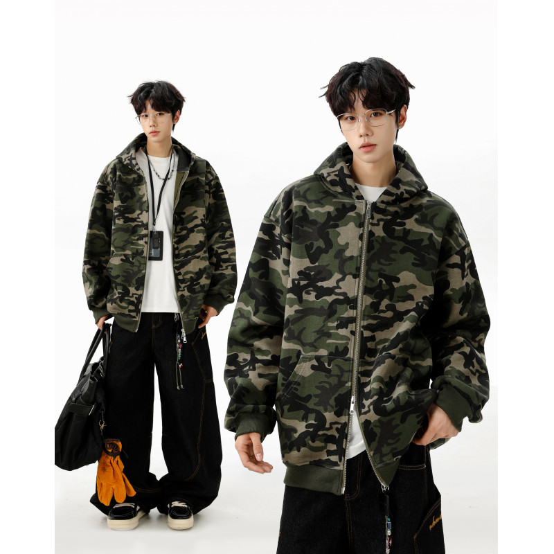 LIGGICC 美式重磅迷彩开衫连帽卫衣男潮牌百搭宽松双拉链帽衫外套