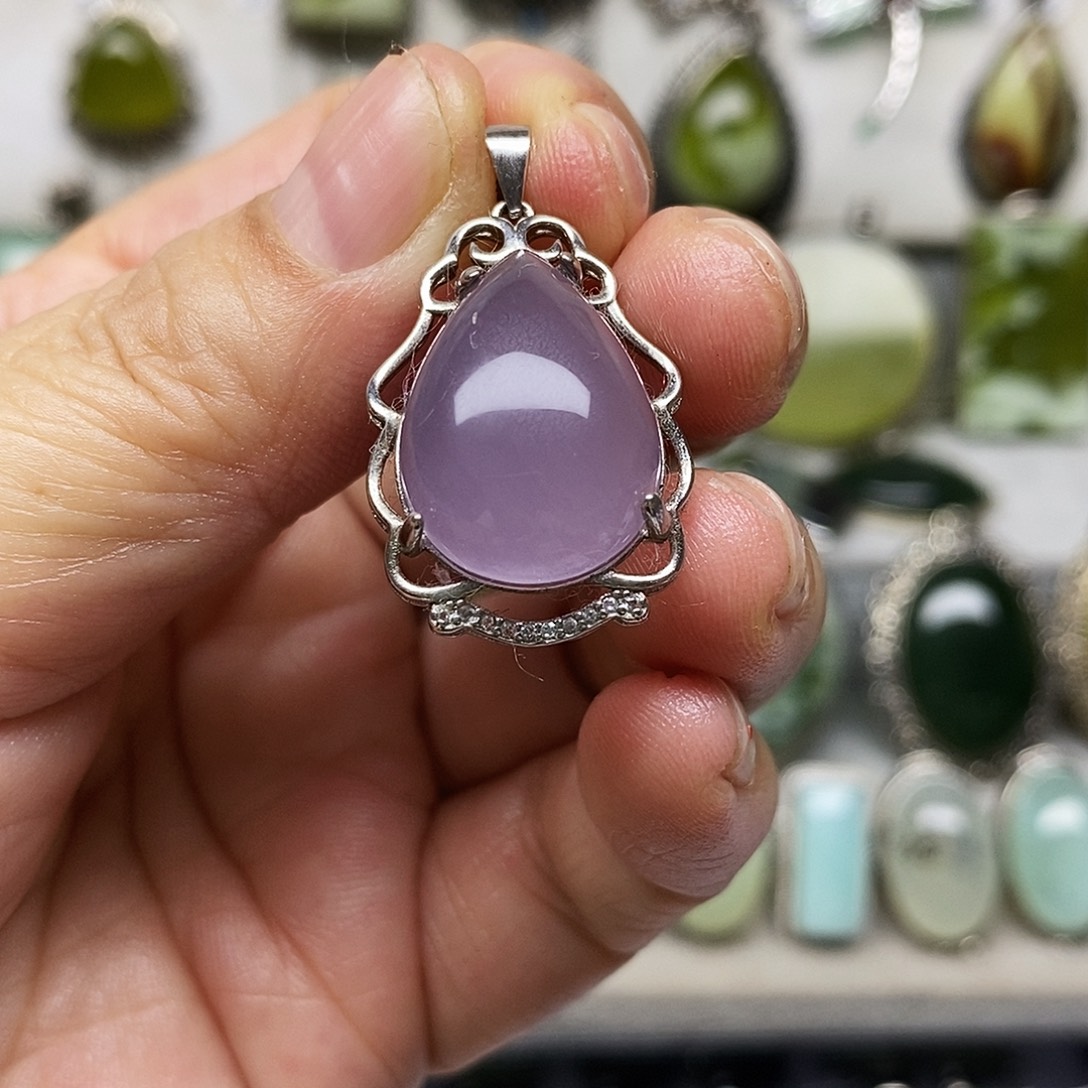 蛇纹石玉银S925镶嵌吊坠