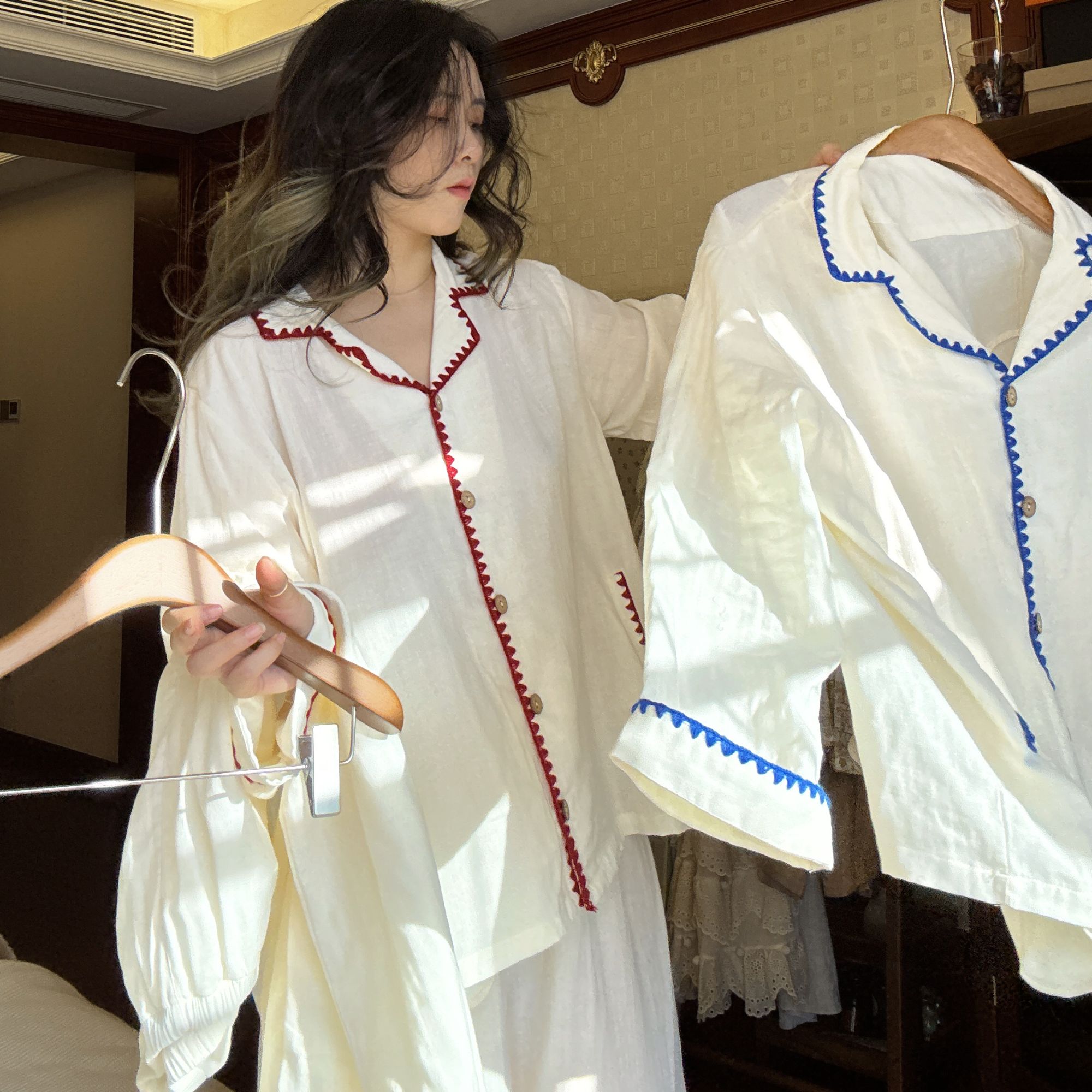 睡衣女纯棉全棉纱布薄款米白色温柔家居服套装开衫高级感透气居家